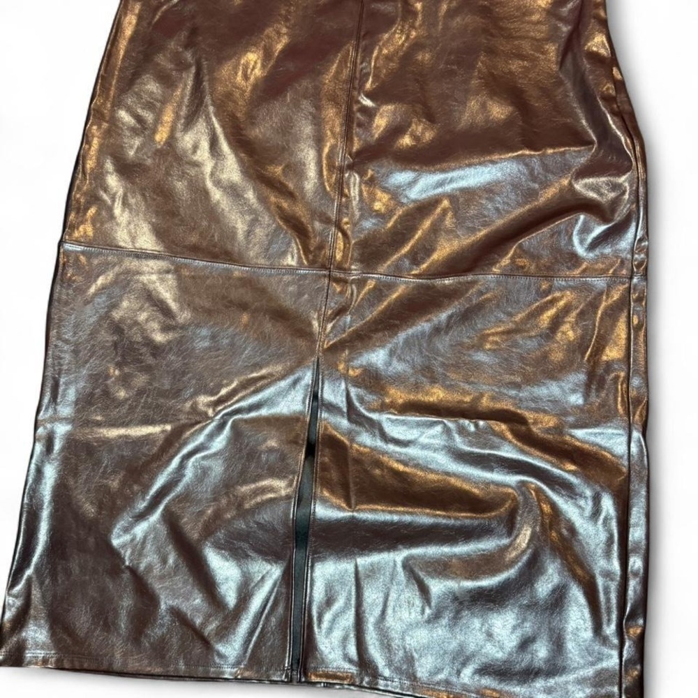 A New Day Womens Metallic Bronze Faux Leather Midi Pencil Skirt Size 12 Slit